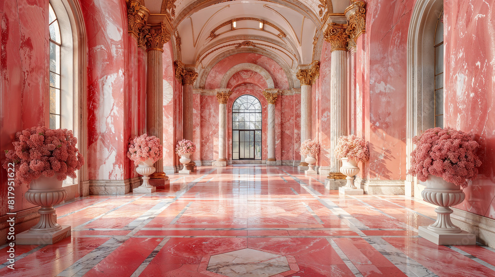 Fototapeta premium Rococo inspired, a pink palace corridor with stone vases and flowers.