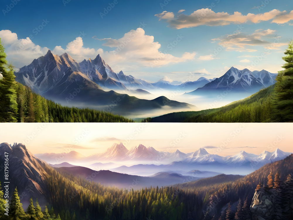 College image landscape mountains forest set banner flowers wood Ai generative 

