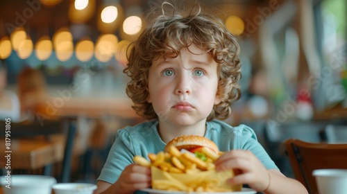 Sad boy in fast food restaurant with burger and fries showing poor diet and potential health problems