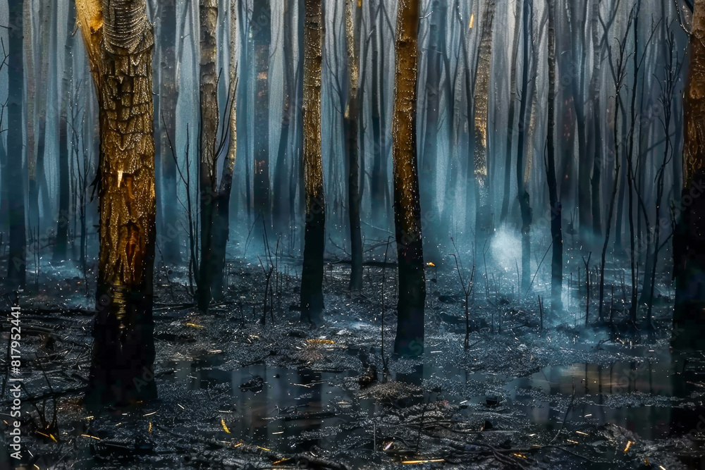 Aftermath of a forest fire with scorched trees and a smoky haze, a stark landscape of environmental damage. Aftermath of a forest fire with scorched trees and a smoky haze, a stark landscape of environmental damage.