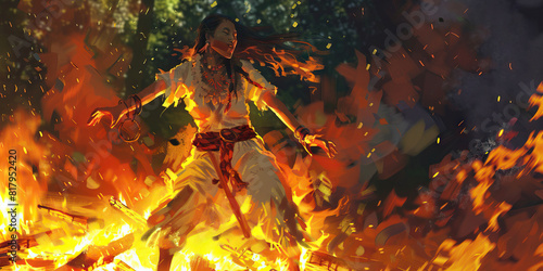 A shaman dances wildly around a bonfire, transforming into one with the spirits that consume her photo