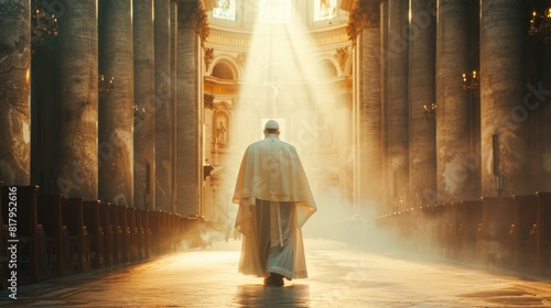 The Pope walks alone in a long corridor illuminated by a single beam of light. photo