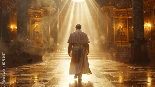 The pope walks down a long aisle in a church. photo