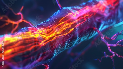 Arteries with fatty streaks glow under UV light. Surreal colors. Macro view.