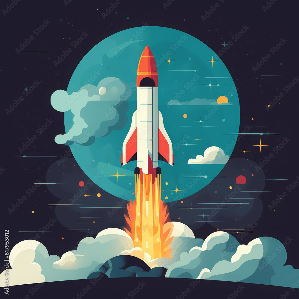 Fototapeta premium A cartoon rocket ship launching into space with a starry background.