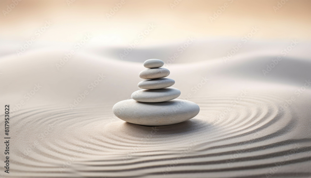 A close-up of a stack of smooth, white stones on a bed of sand with a blurred background in shades of beige and white. A close-up of a stack of smooth, white stones on a bed of sand with a blurred background in shades of beige and white.