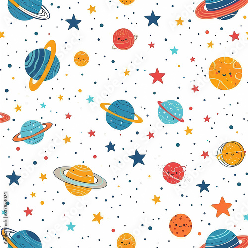 Tileable seamless pattern with planets, sun, moon, and stars