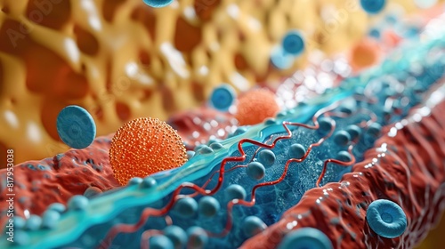 Educational illustration of lipoprotein particles in arterial wall, high detail, side perspective photo