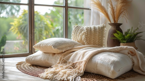 tranquil wellness retreat room with soft blankets and cozy pillows, promoting relaxation and rejuvenation photo