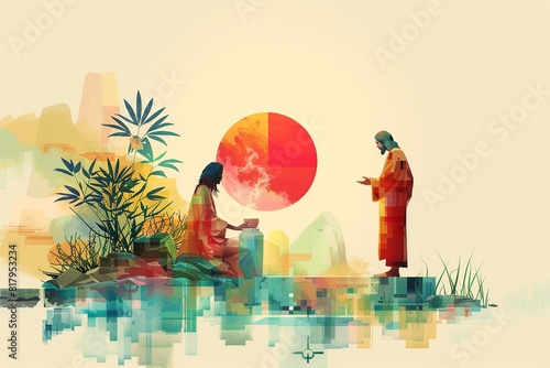  A minimalist illustration of Jesus with the Samaritan woman at the well of Jacob, showcasing simple and clean lines to create a serene atmosphere, with a focus on the interaction 