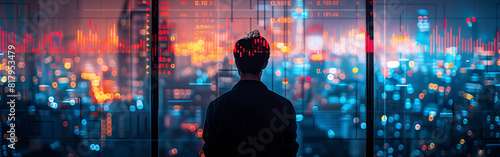 Businessman standing in panthouse office next to huge panoramic window with incredible night city bussiness downtown. Modern finance world money, success bussines people photo