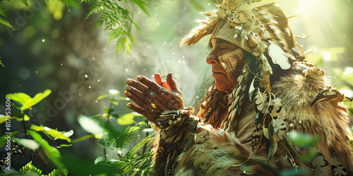 A shaman, clad in animal furs, journeys through the forest, communing with nature and honoring the balance of life. 