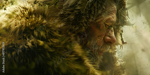 A shaman, clad in animal furs, journeys through the forest, communing with nature and honoring the balance of life. 