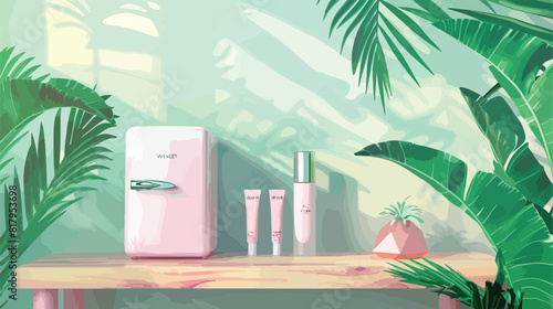 Small cosmetic refrigerator and tropical leaves 