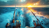 Speed boat rides extremely fast in open ocean waves with two tuna fishing rods fixed on deck stern. Evening sunset time sport angling. Active sporty people vacation and traveling concept image.