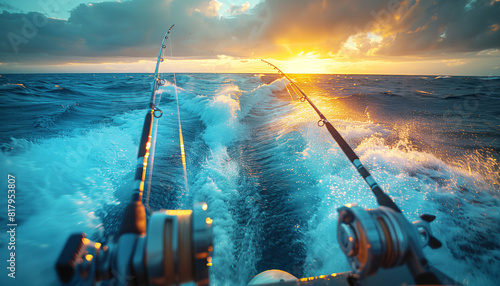 Speed boat rides extremely fast in open ocean waves with two tuna fishing rods fixed on deck stern. Evening sunset time sport angling. Active sporty people vacation and traveling concept image.