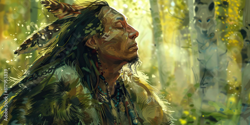 A shaman, clad in animal furs, journeys through the forest, communing with nature and honoring the balance of life.  photo