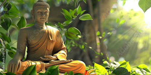 A serene Buddha sits amidst lush foliage, radiating calm and wisdom photo