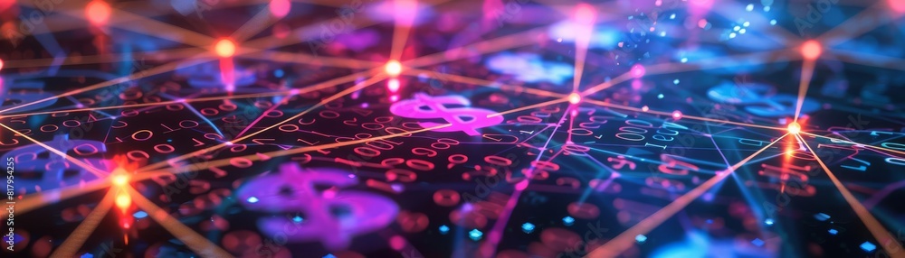 Abstract network of dollar signs connected by glowing lines, tech, multicolor, digital illustration, intricate Abstract network of dollar signs connected by glowing lines, tech, multicolor, digital illustration, intricate