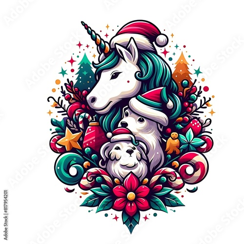 A unicorn and dog in santa hats realistic lively attractives.