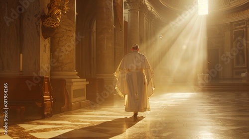 The pope is walking down a long hallway in the Vatican.