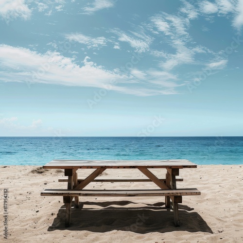 Wooden Table Set Against a Tranquil Beach