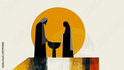  A minimalist illustration of Jesus with the Samaritan woman at the well of Jacob, showcasing simple and clean lines to create a serene atmosphere, with a focus on the interaction  photo