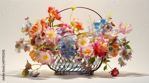 A metal basket filled with colorful blooms, its shadow casting a subtle contrast on the pure white canvas © pipo
