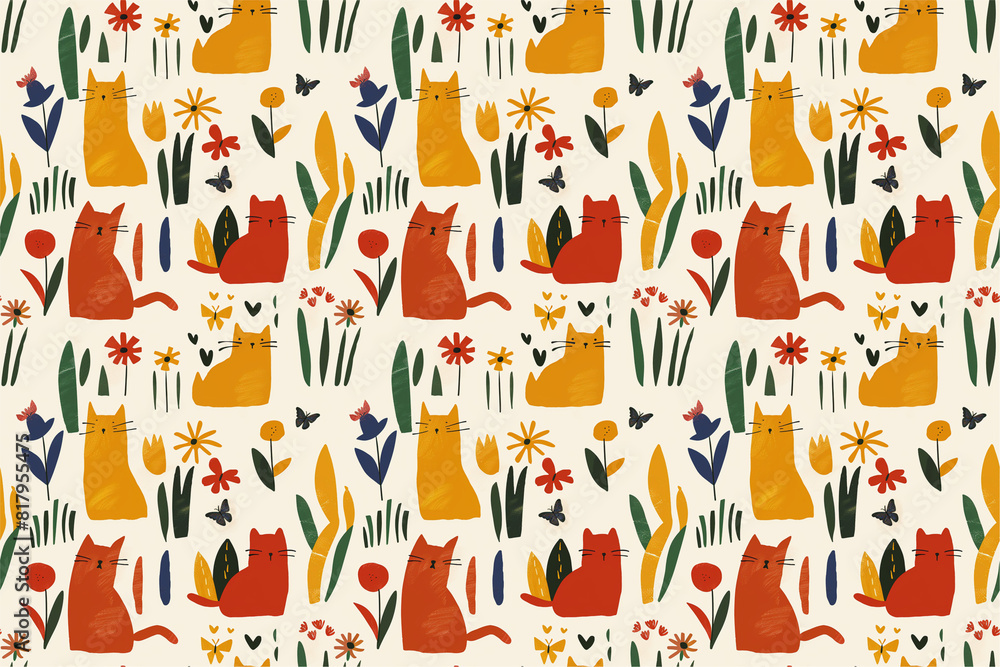 A seamless pattern featuring playful cats in various poses