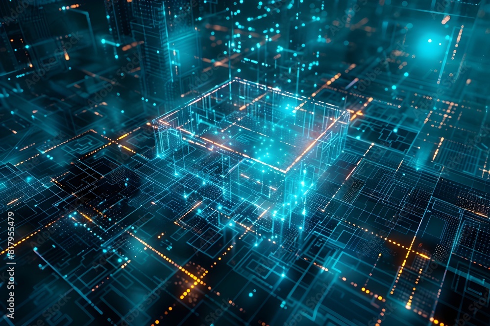 Obraz premium A computer chip is shown in a blue and orange color scheme. The image is of a futuristic cityscape with a lot of lights and a lot of squares. The squares are all different sizes