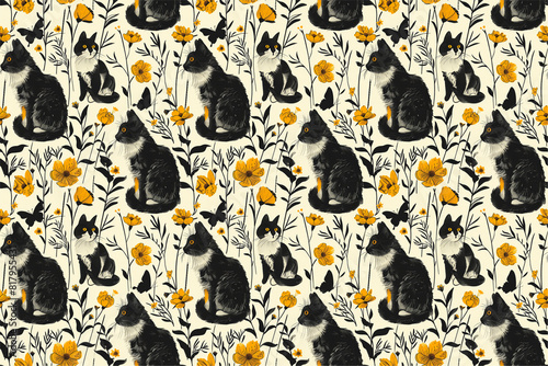A seamless pattern featuring playful cats in various poses