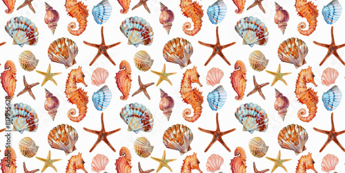 A seamless pattern of watercolor seashells and starfish, watercolor hand drawn seashells and starfish seamless pattern isolated on white background