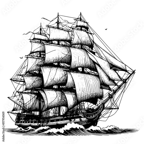 sail ship on the sea,  Vector illustration of a majestic Viking sailing ship, Drakkar type, sailing the ocean. This design symbolizes courage, exploration and the legendary spirit of adventure