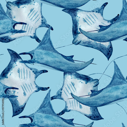 Manta ray busy watercolor seamless pattern on blue background. High quality hand-drawn monochromatic illustration for notebooks, posters, wallpaper, textile, beach towel, wrapping paper, room decor