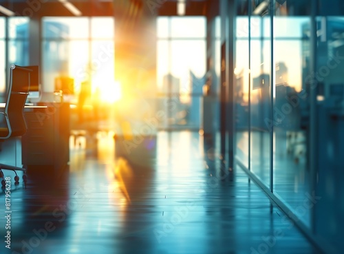 Blurred office interior background with panoramic windows and a cityscape view