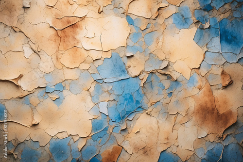 A close-up image showing the intricate patterns of weathered, peeling paint on a wall with hues of blue and beige