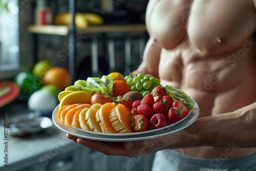 A person with a muscular physique  holding a plate with fruits. Bright  light modern kitchen. Muscular Man Presents Fruits  Fitness Lifestyle Concept.
