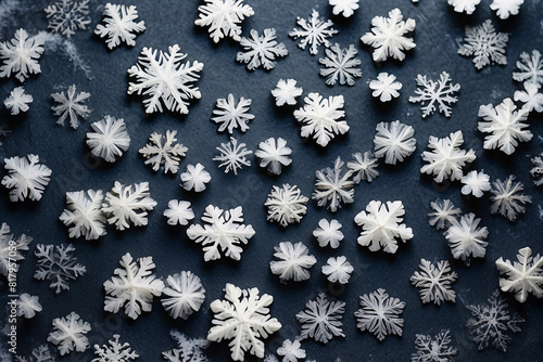 Multiple sizes of white snowflake decorations spread on a dark blue background
