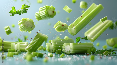 Celery ripped into pieces flying in the air, isolated on blue background, macro shot of fresh green rough cut fresh juicy crisp cut up piece's of celery floating in midair, stock photo, high resolut photo