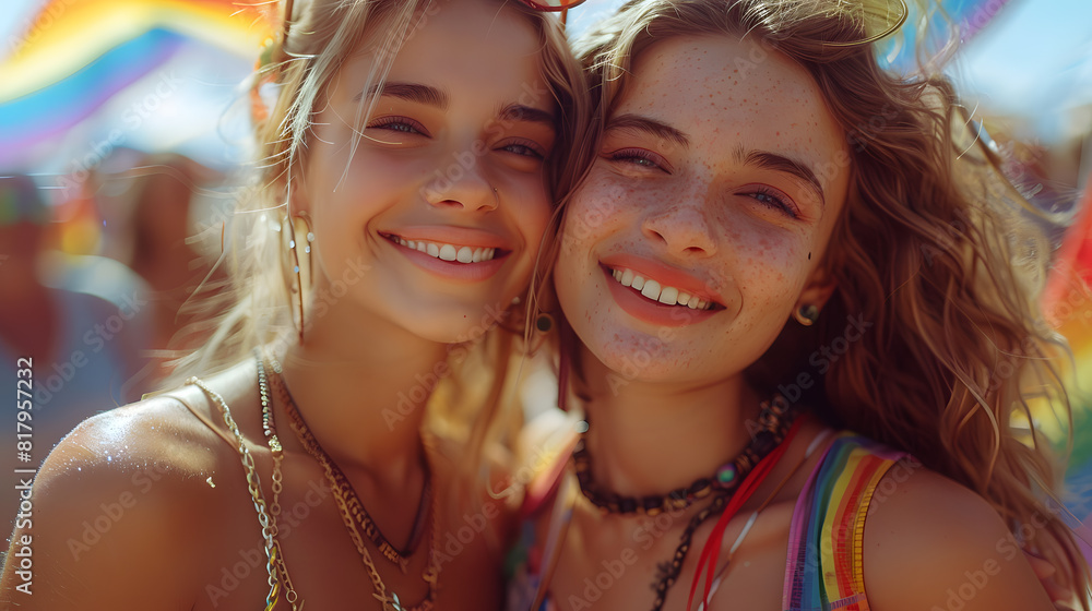 Happy woman kissing girl enclose with rainbow flag wearing on city street during LGBTQ Pride parade, LGBT motivation. HyperRealistic photography, 24mm, f/2.8 Happy woman kissing girl enclose with rainbow flag wearing on city street during LGBTQ Pride parade, LGBT motivation. HyperRealistic photography, 24mm, f/2.8