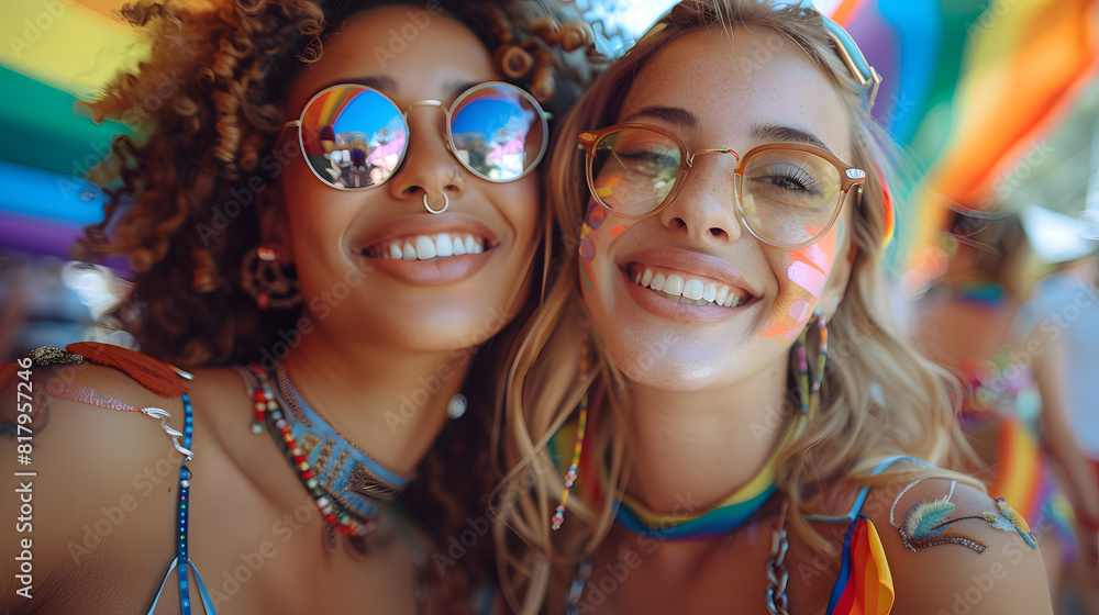 Happy woman kissing girl enclose with rainbow flag wearing on city street during LGBTQ Pride parade, LGBT motivation. HyperRealistic photography, 24mm, f/2.8 Happy woman kissing girl enclose with rainbow flag wearing on city street during LGBTQ Pride parade, LGBT motivation. HyperRealistic photography, 24mm, f/2.8