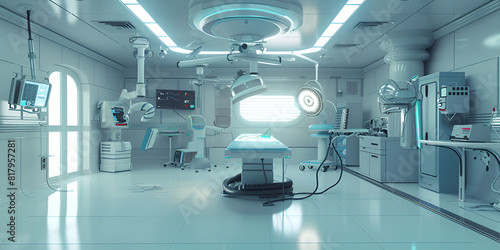 A hospital with operating table medical Technology Equipment and Medical Devices in a Modern Operating Room Including Setting Stage for Advanced Healthcare