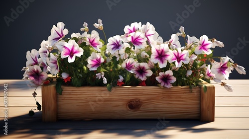 A rustic wooden planter with vibrant flowers  its shadow blending seamlessly with the pure white canvas