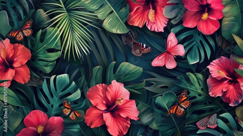 Luxury Botanical Background Floral Seamless Pattern with Hibiscus Flowers  Palm Leaves  and Butterflies - Tropical Wallpaper
