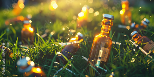 empty bottles and needles scattered amongst the grass, serving as a stark reminder of the grip of addiction. photo