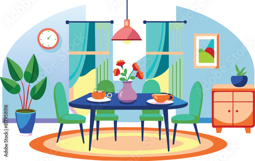 Flat illustration of a dinning room, vector illustration.
