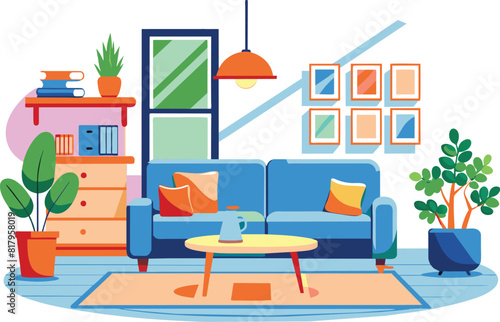 Flat illustration of a living room, vector illustration.