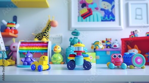 A clean  white desk displaying a vibrant assortment of colorful toys in HD