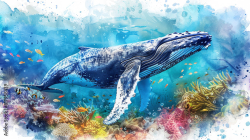 Vibrant and colorful artistic illustration depicting a whale swimming among coral reefs  highlighting the beauty of marine life and ocean ecosystems. 