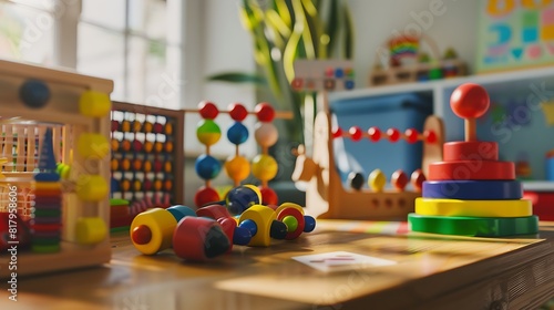 A close-up shot of a desk with a diverse collection of colorful educational toys